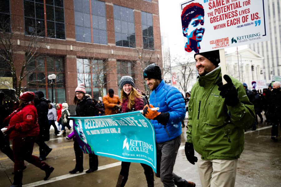 Kettering College staff and faculty are joined by Kettering Health Network employees at the Martin Luther King Jr march in downtown Dayton. 