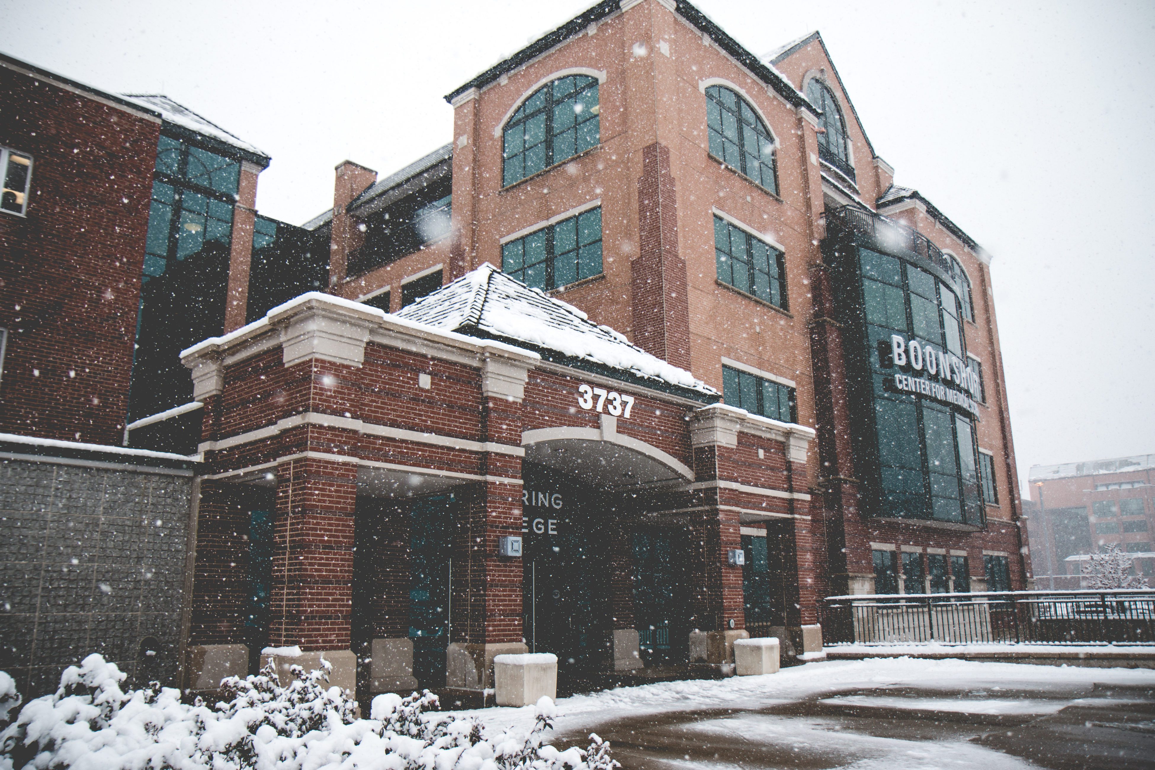 a winter semester at Kettering College with snow at campus