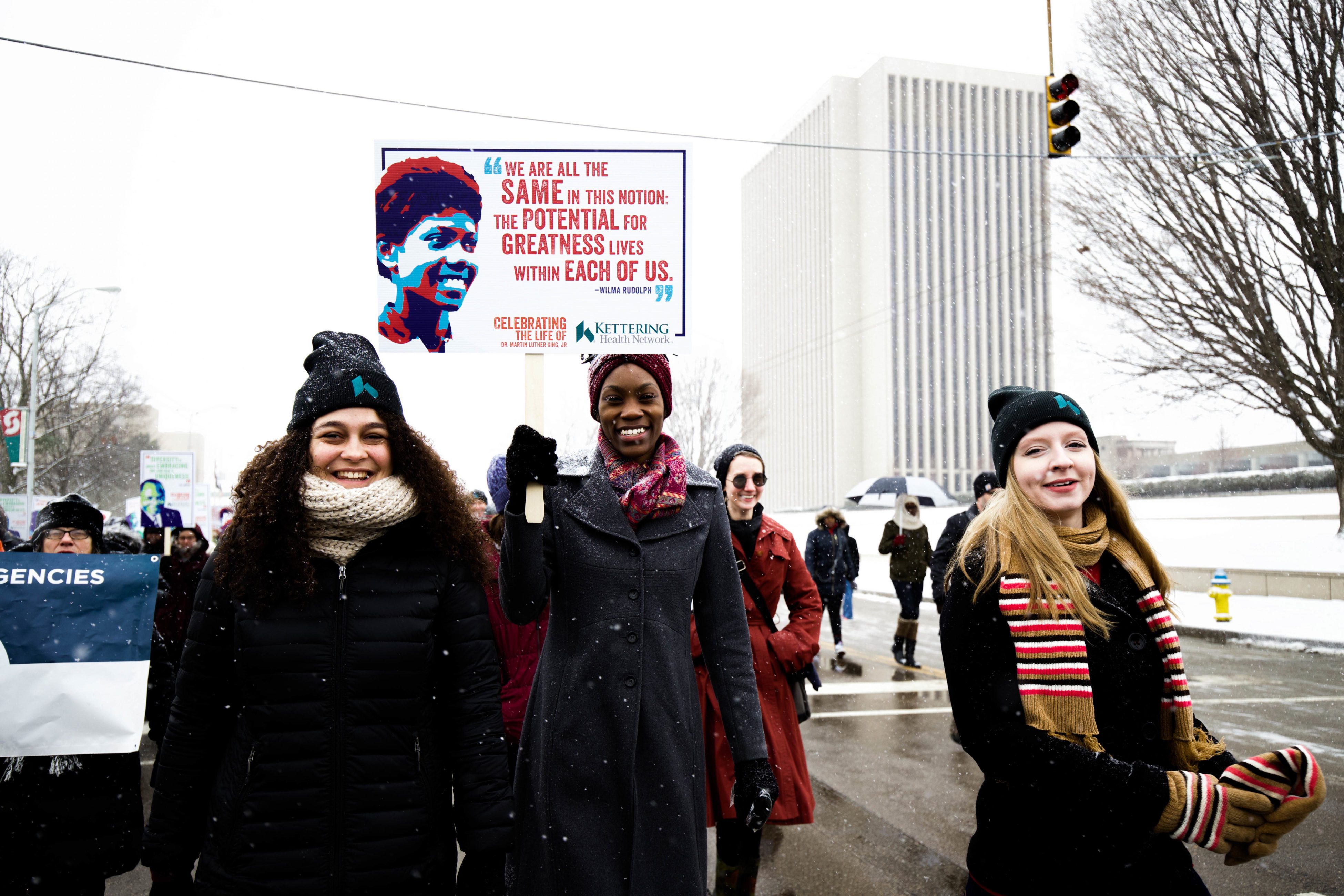 Kettering College students participate in the annual Martin Luther King Jr. March in downtown Dayton.